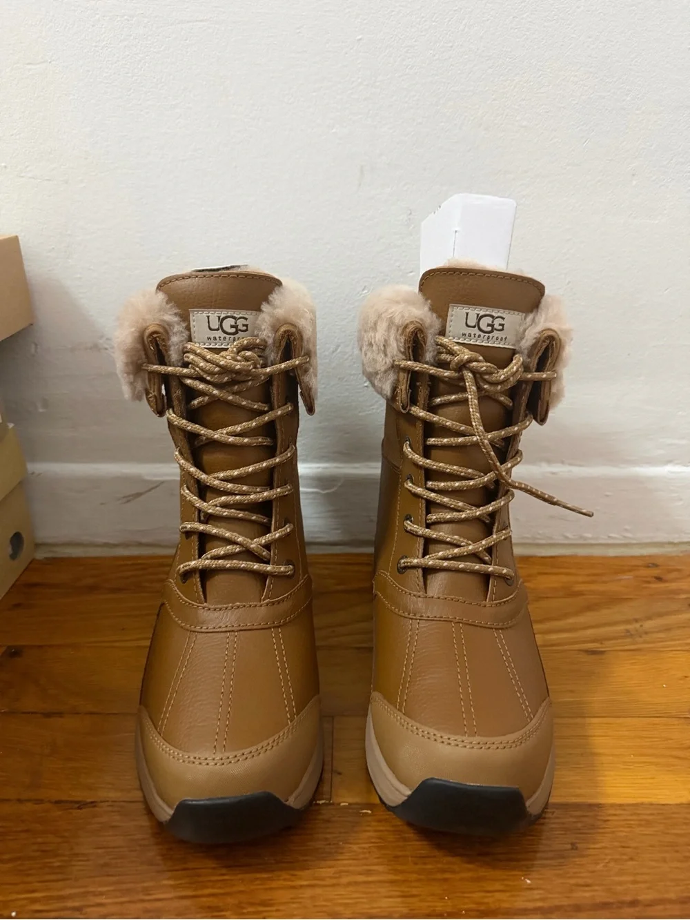 UGG Women's Tan Waterproof Fur-Collar Lace-Up Winter Boots